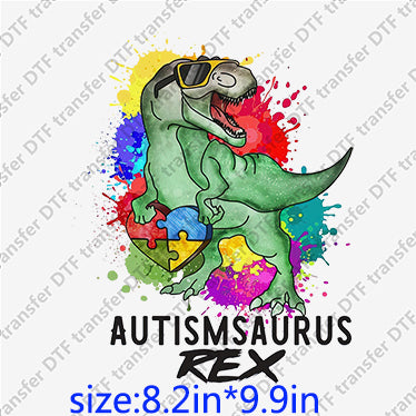 Autismsaurus Rex, Trex dinosaur colorful Animal DTF transfers ANM.021