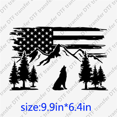 USA independent day black white wolf mountain forest tree Animal DTF transfer ANM.036