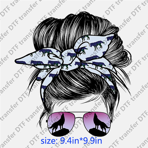 Wolf headband glasses messy bun DTF transfer MB.050