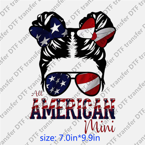 All american mimi girl USA flag glasses messy bun DTF transfer MB.031