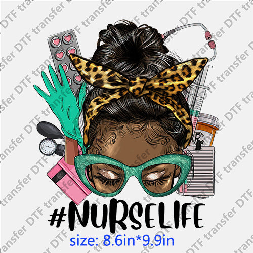 Nurse life headband glasses messy bun DTF transfer MB.055