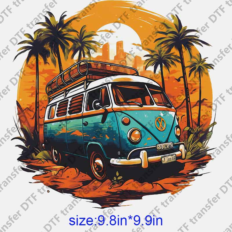 Summer vacation coconut tree blue bus DTF transfer NO.1058