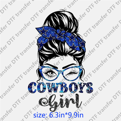 Cowboys messybun girl headband glasses messy bun DTF transfer MB.038