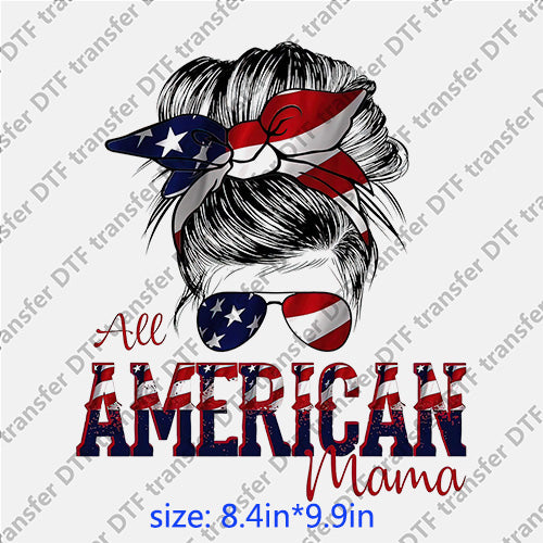 All american mama messybun girl headband  USA flag glasses messy bun DTF transfer MB.030