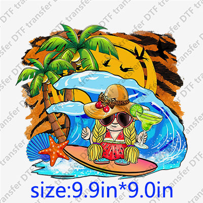 Summer Palm-tree Surfboard starfish girl surfing beach DTF Transfers SMM.115