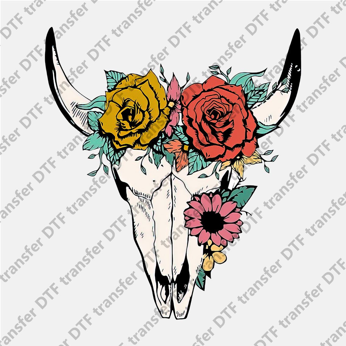 Three Flower White Bull Skull Animal DTF transfers CHA.007