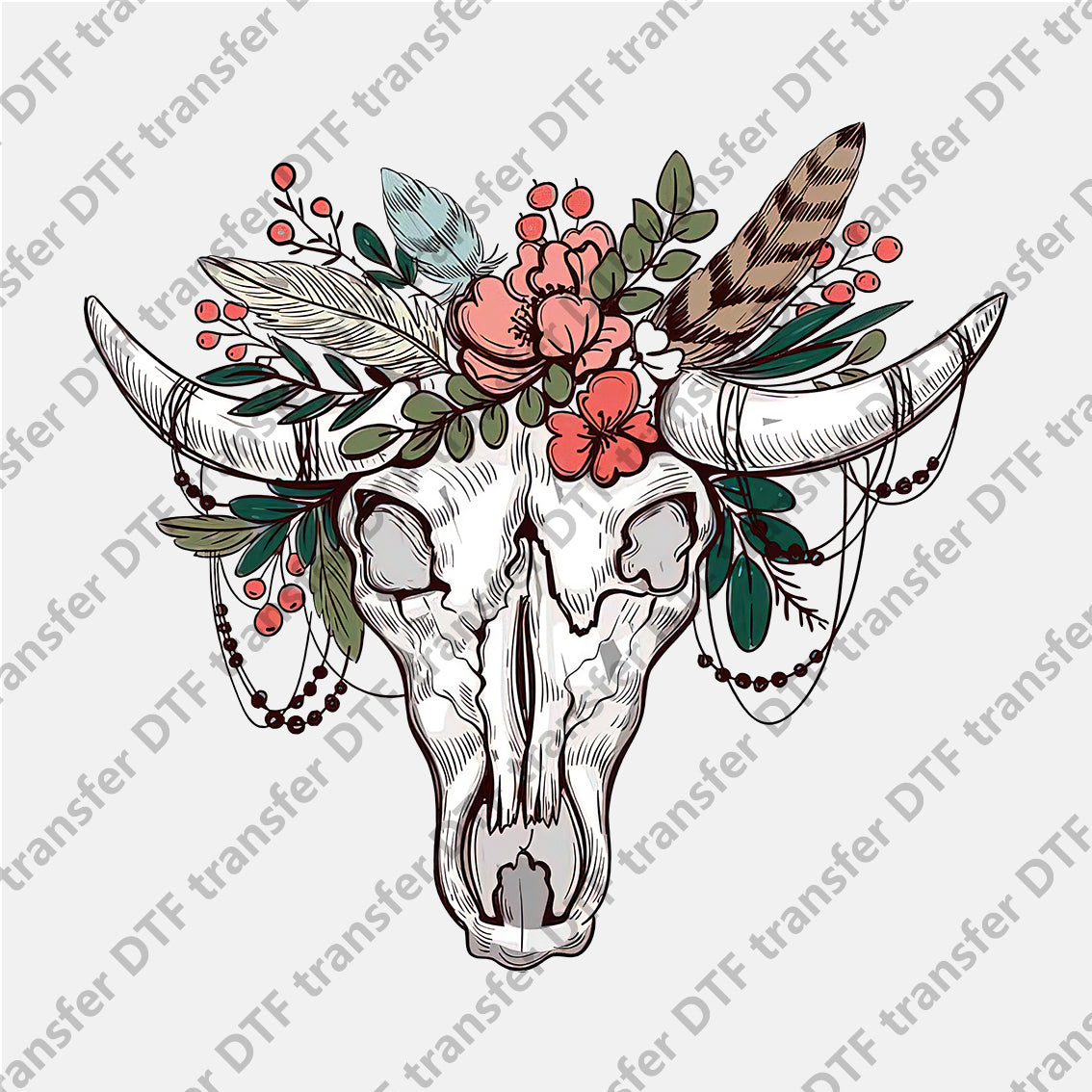 Bull Skull Flower Feather Animal DTF transfers CHA.016