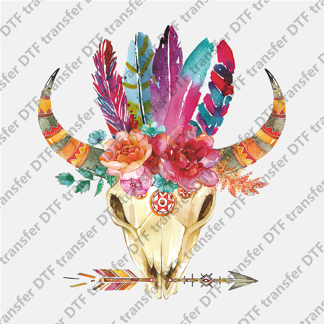 Colored Feather Bull Skull Animal DTF transfers CHA.017