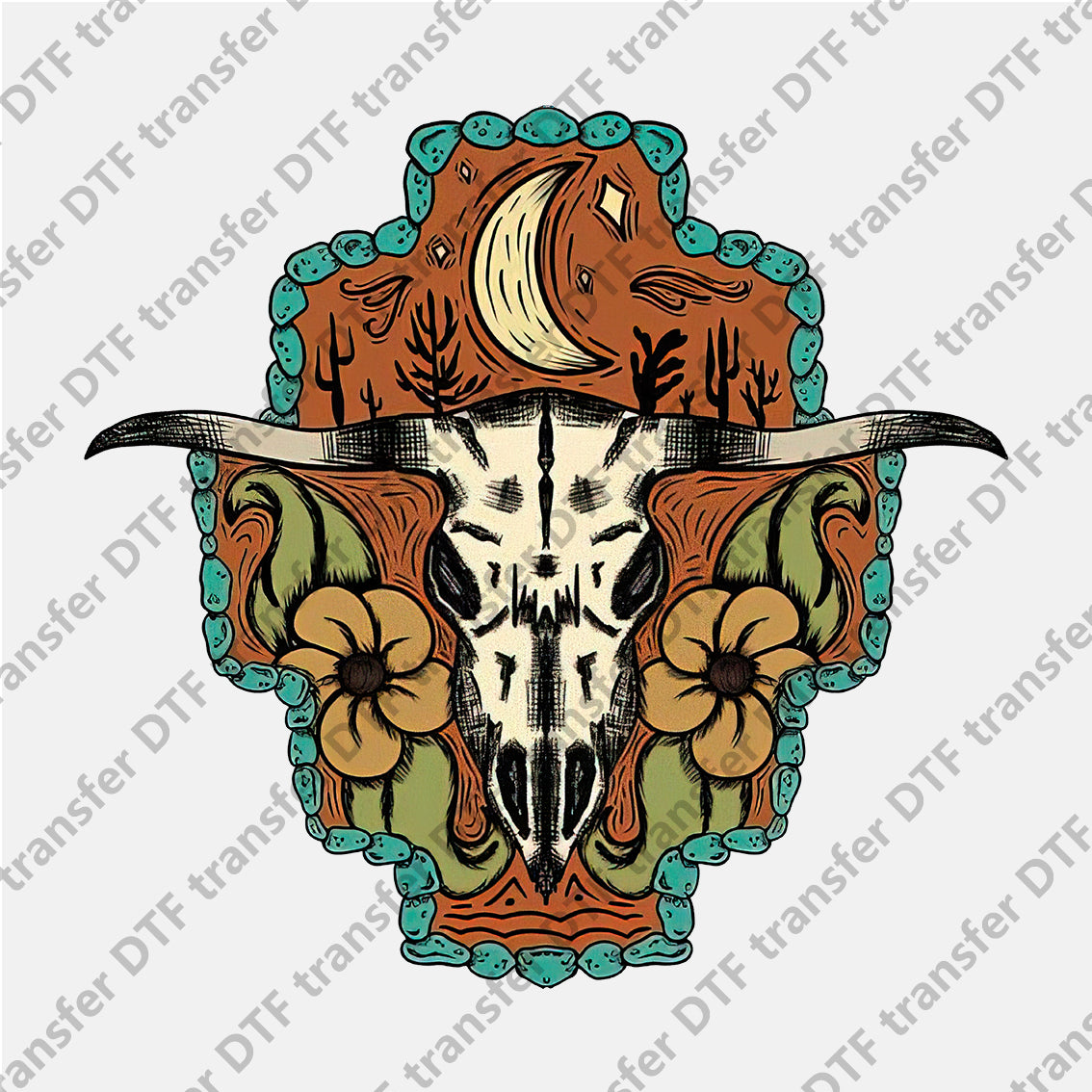 Bull Skull Two Flowers Moon Animal DTF transfers CHA.019