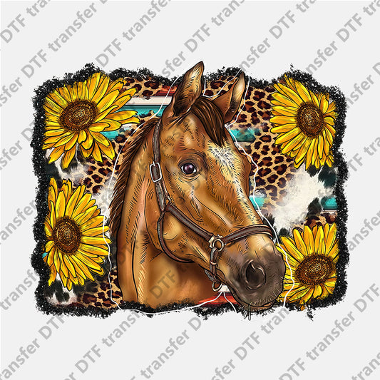 Four Flowers Brown Horse Animal DTF transfers CHA.023