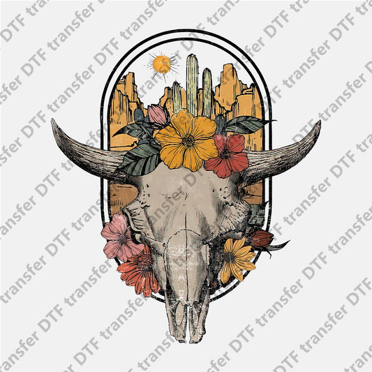 Bull Skull Mountain Flower Animal DTF transfers CHA.027