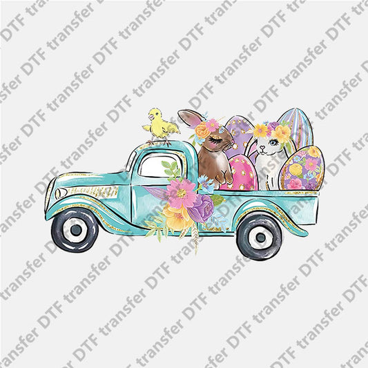 Easter Blue Truck Bunnies and Eggs DTF transfers ET.039