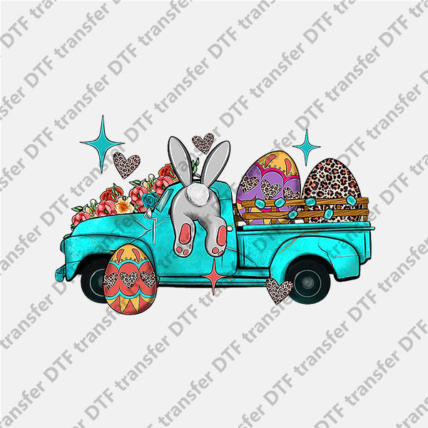 Easter Blue Truck Eggs and Bunny DTF transfers ET.040