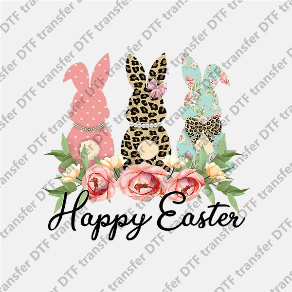 Happy Easter Three Bunnies and Floral DTF transfers ET.053