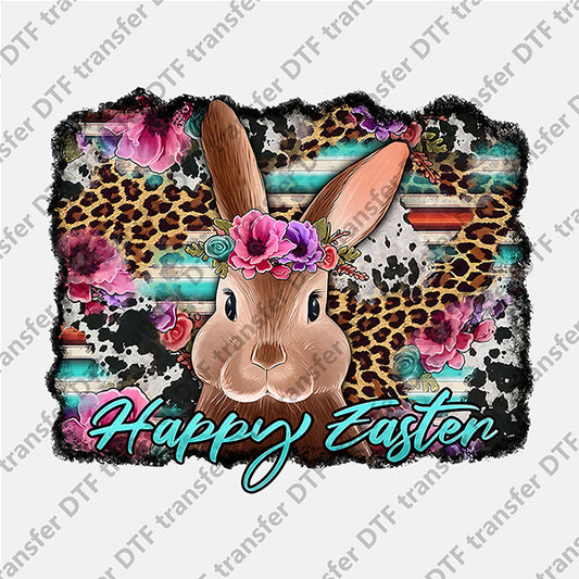 Happy Easter Leopard Flower Bunny DTF transfers ET.076