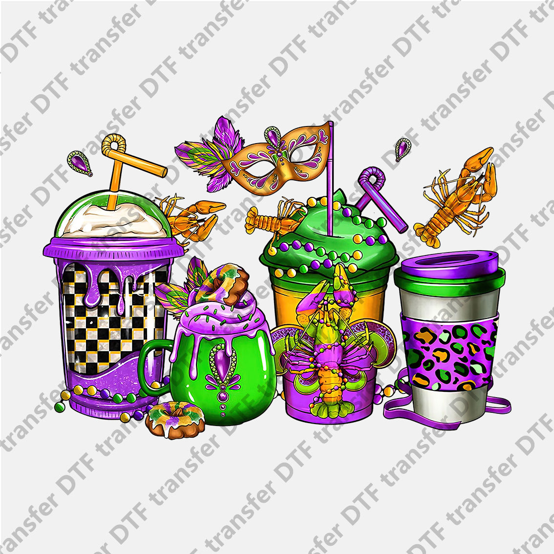 Mardi Gras Four Purple Cups Mask Crayfish DTF transfers MGD.004