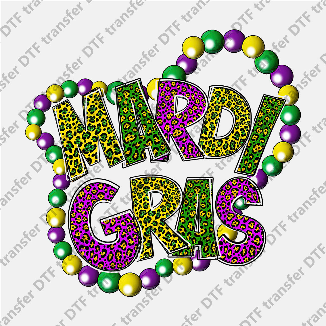 Mardi Gras Green Yellow Purple Leopard Letter Bead Chain DTF transfers MGD.009