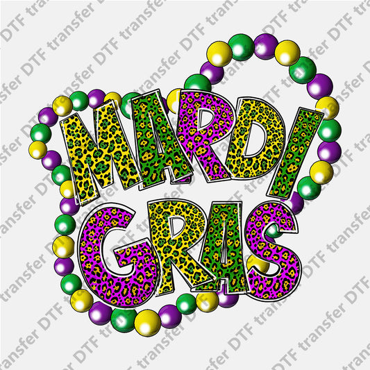 Mardi Gras Green Yellow Purple Leopard Letter Bead Chain DTF transfers MGD.009