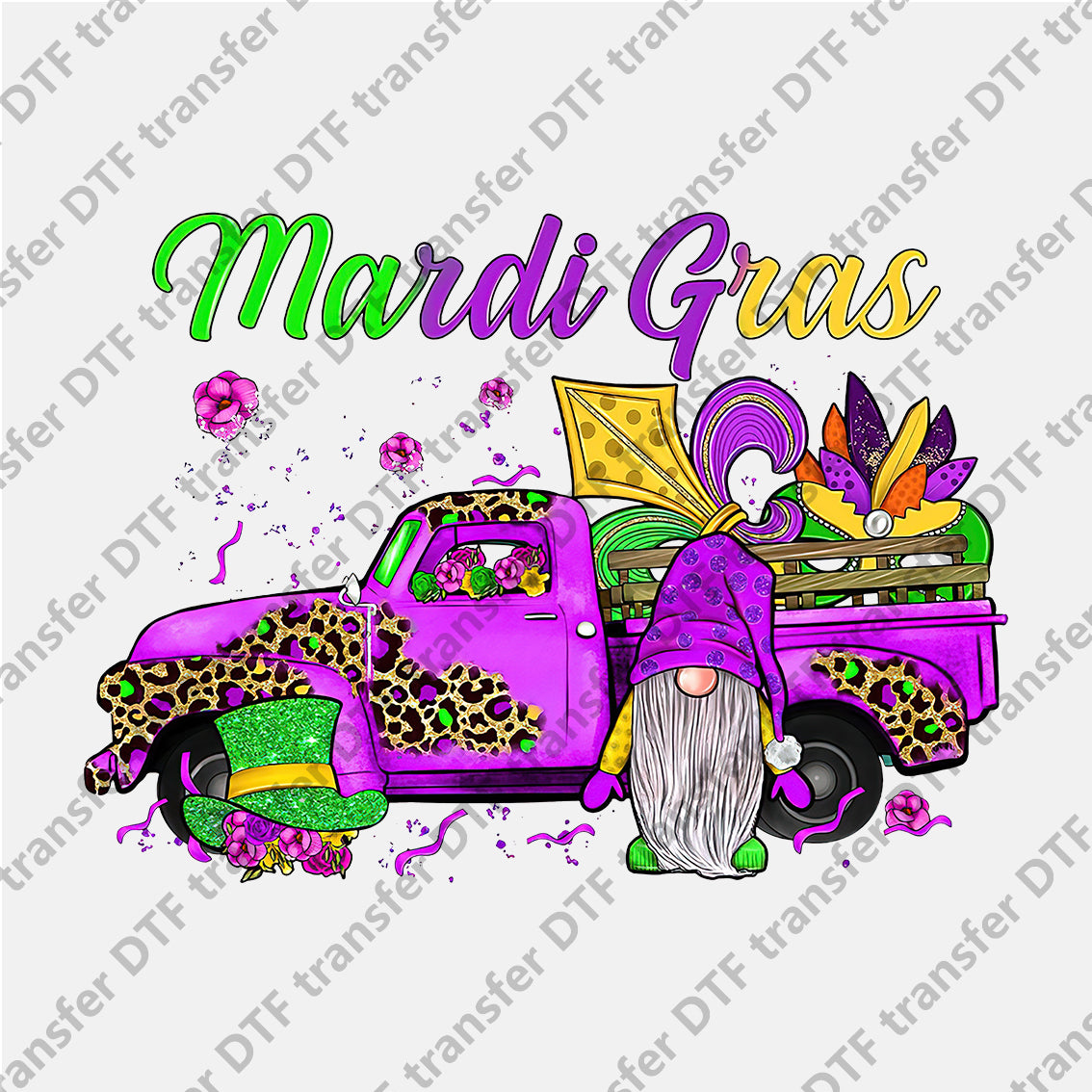 Mardi Gras Purple Leopard Truck Gnome DTF transfers MGD.010