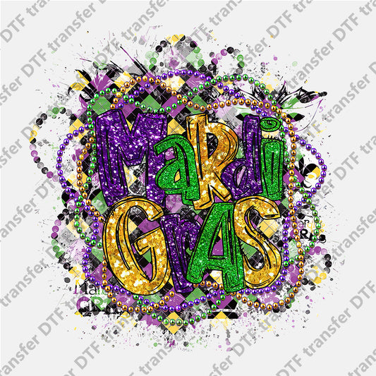 Mardi Gras Letters Green Yellow Purple Bead Chain DTF transfers MGD.013