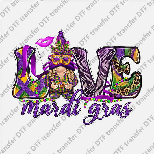 Mardi Gras Love Mask Purple Gnome DTF transfers MGD.014