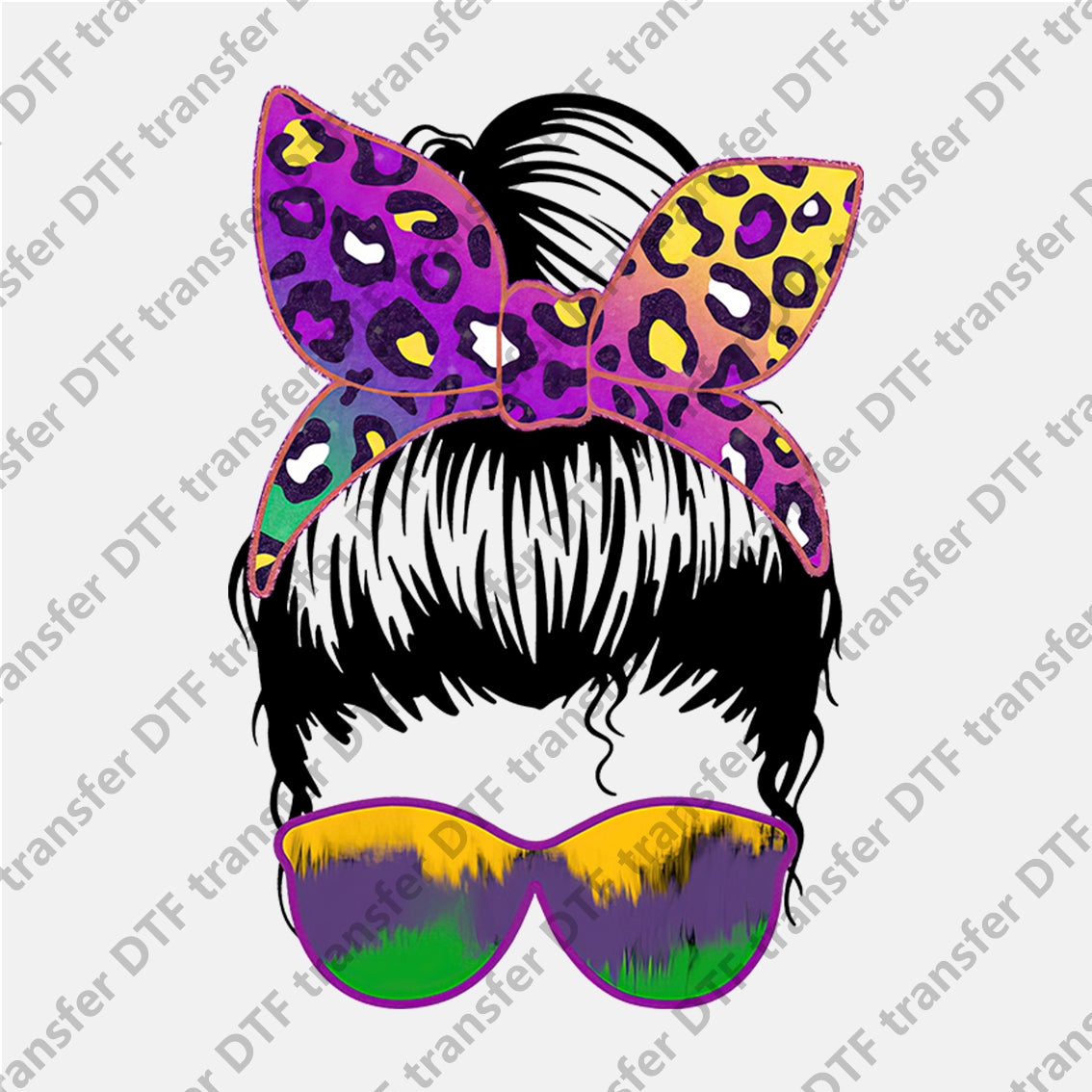 Mardi Gras Colored Leopard Bow Glasses Girl DTF transfers MGD.016