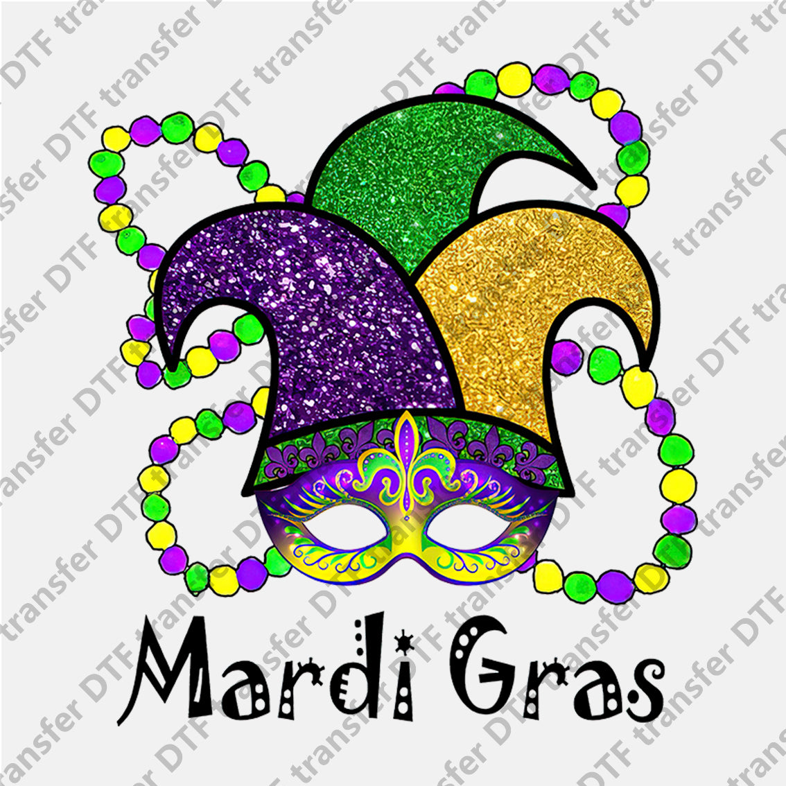 Mardi Gras Green Yellow Purple Mask Hat Bead Chain DTF transfers MGD.017