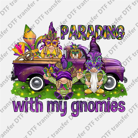 Mardi Gras Parading With My Gnomies Purple Truck DTF transfers MGD.018