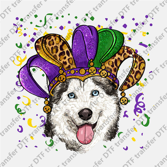 Mardi Gras Colored Hat Husky Dog Animal DTF transfers MGD.024