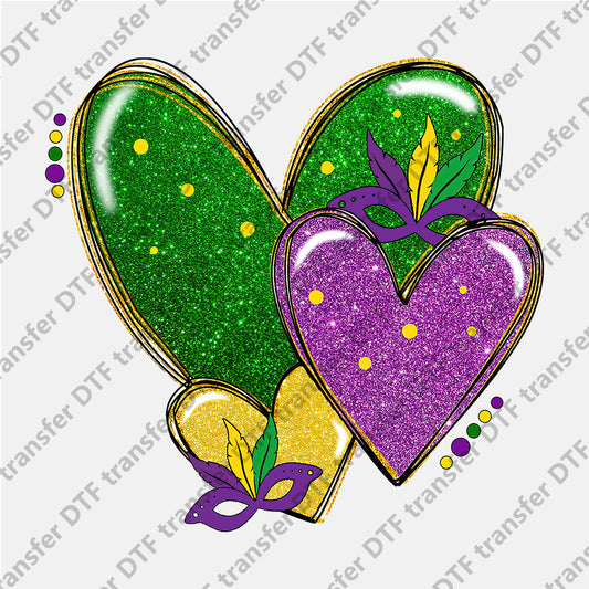 Mardi Gras Green Purple Yellow Three Hearts DTF transfers MGD.036