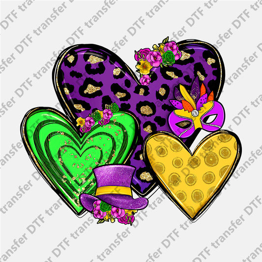 Mardi Gras Purple Leopard Green Yellow Heart DTF transfers MGD.037