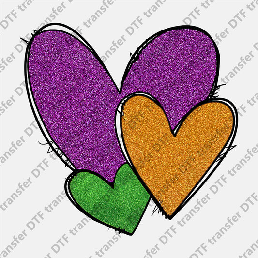 Mardi Gras Three Hearts Purple Yellow Green DTF transfers MGD.041