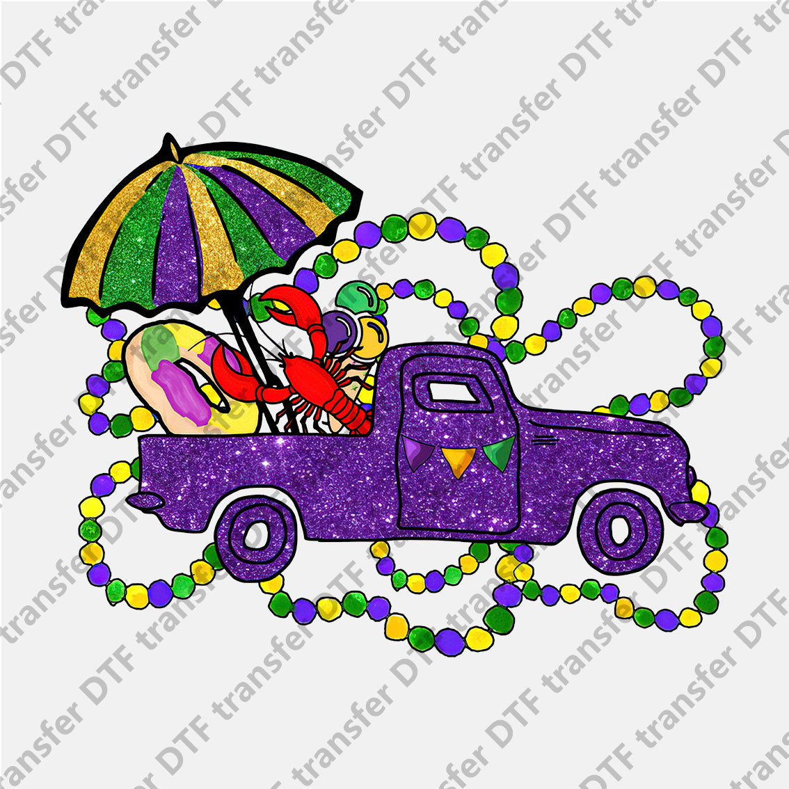 Mardi Gras Purple Truck Sun Umbrella Crayfish Bead Chain DTF transfers MGD.045