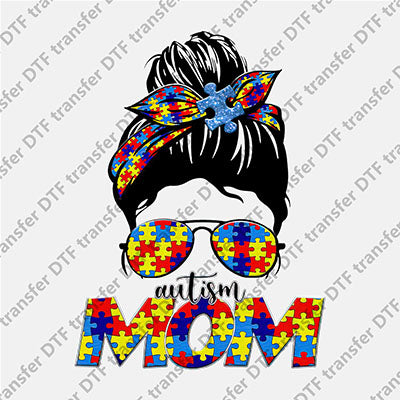 Puzzle Autism MOM Messy Bun DTF transfers MOMLIFE.002