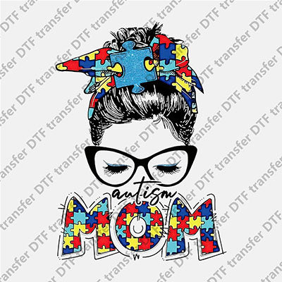 Autism Mom Puzzle Messy Bun DTF transfers MOMLIFE.014