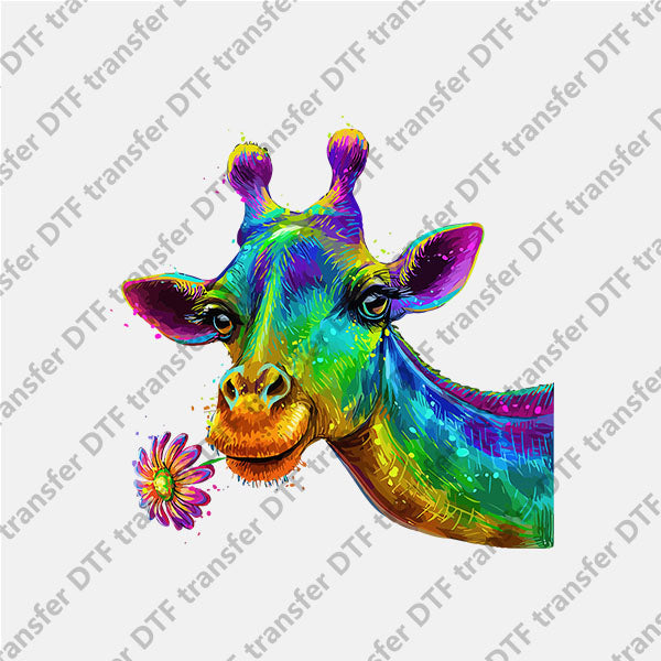 Colorful Giraffe Eating a Flower DTF transfers NO.1040