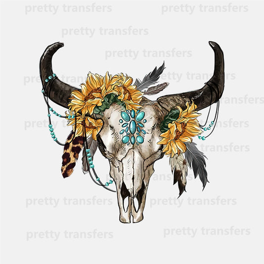 Bull Skull Longhorn Flower Bovine DTF transfers NO.749