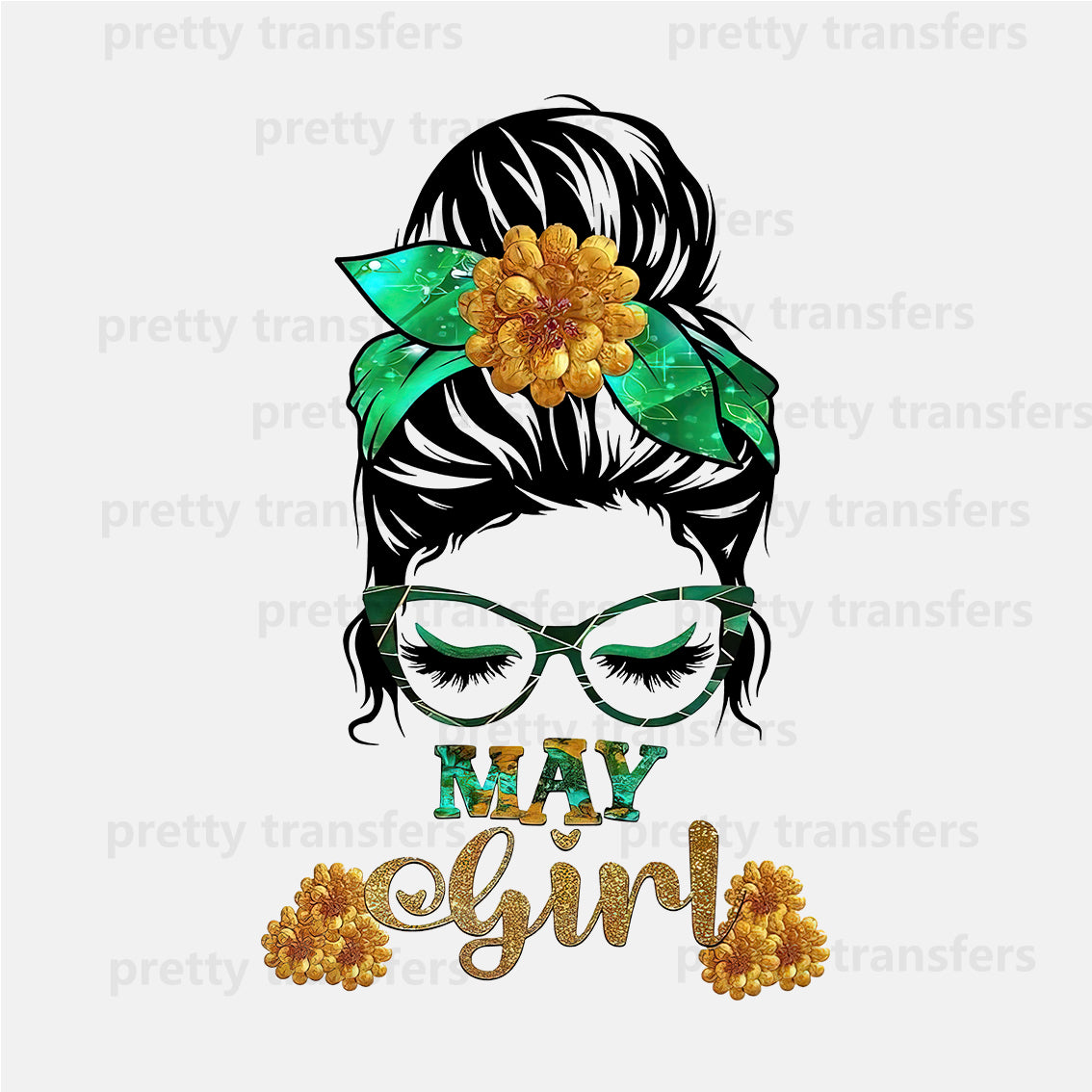 Golden Flower Green Glasses Girl DTF transfers NO.750