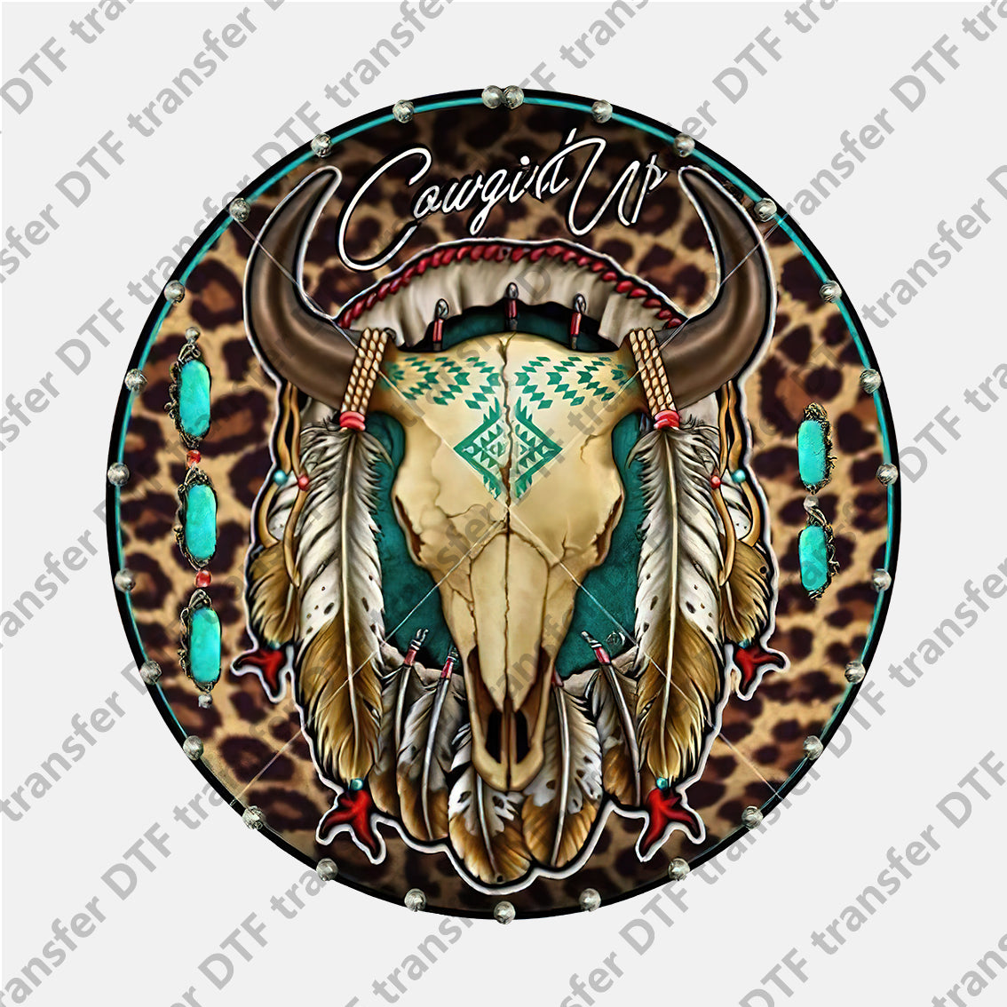 Round Leopard Bull Skull Feather Animal DTF transfers NO.774