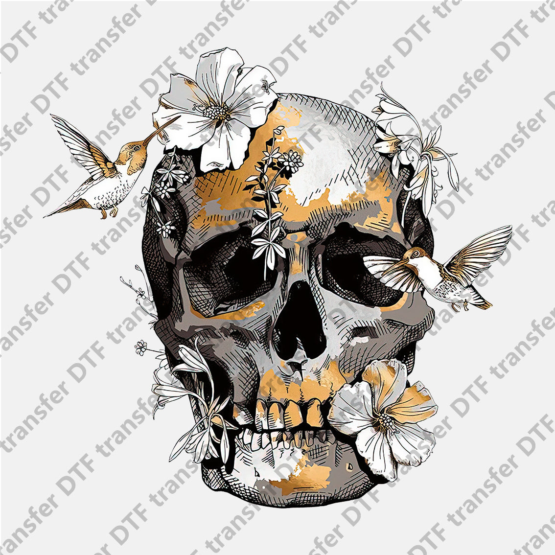 Hummingbird Flower Skull DTF transfers Skull.008