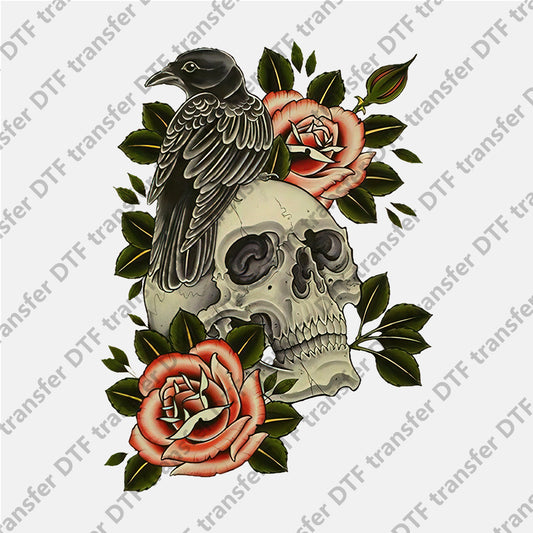 Black Bird Flower Skull DTF transfers Skull.010