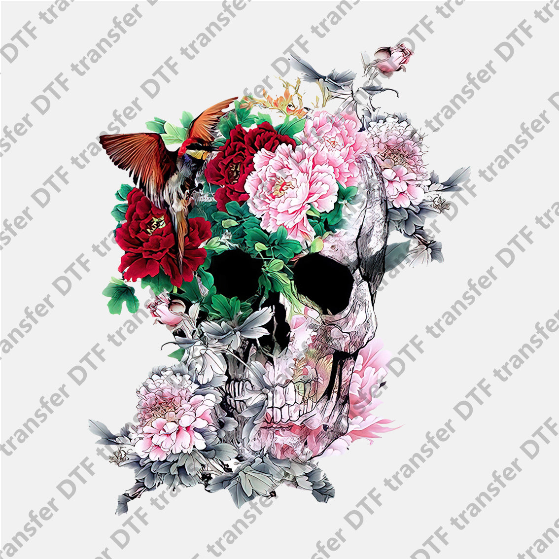 Pink Red Flower and Bird Skull DTF transfers Skull.011