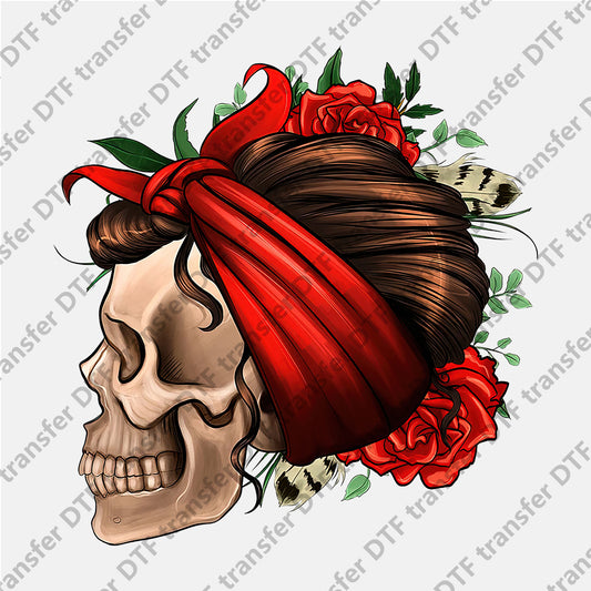 Red Rose Brown Hair Skull DTF transfers Skull.014