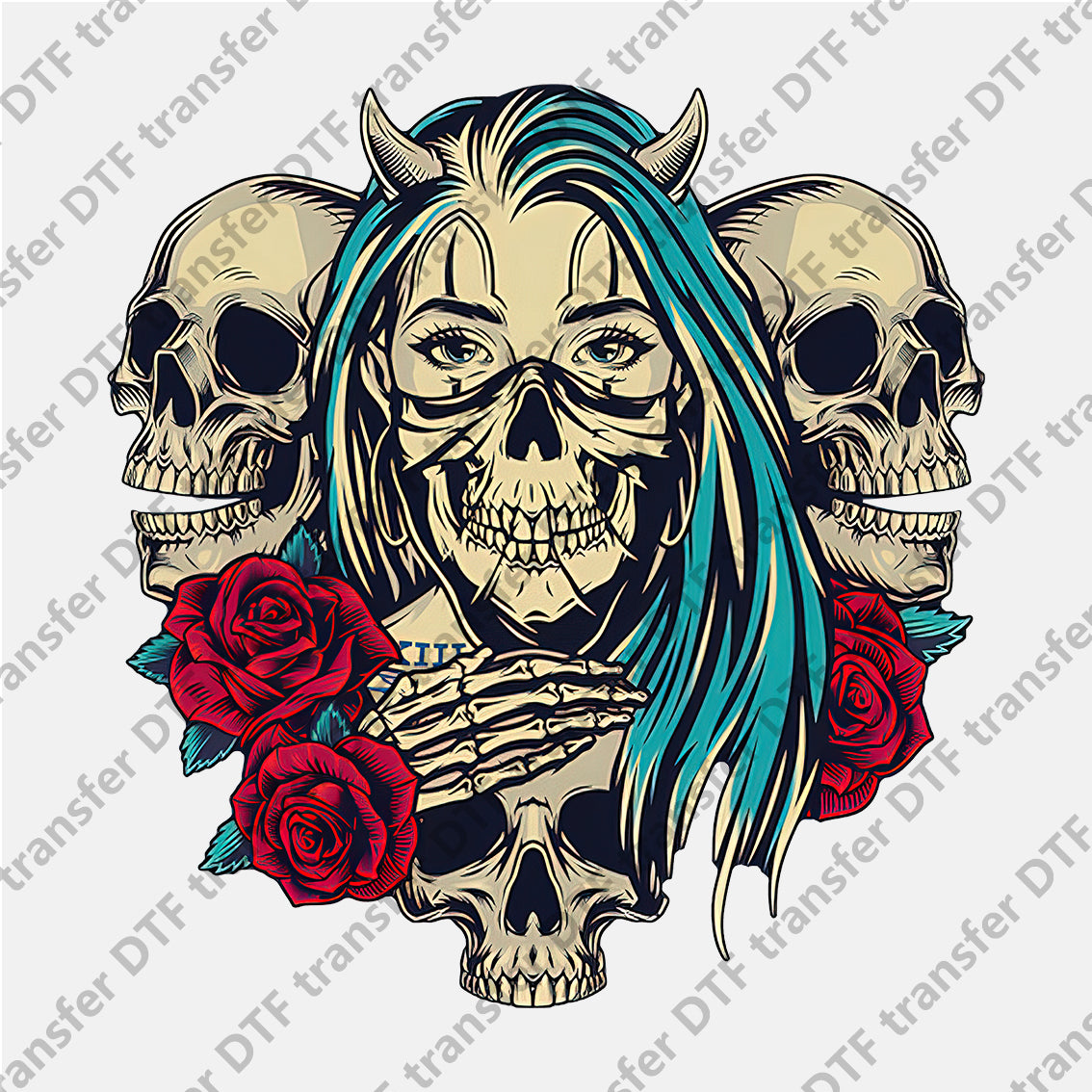 Blue Hair Three Skulls and Rose DTF transfers Skull.024