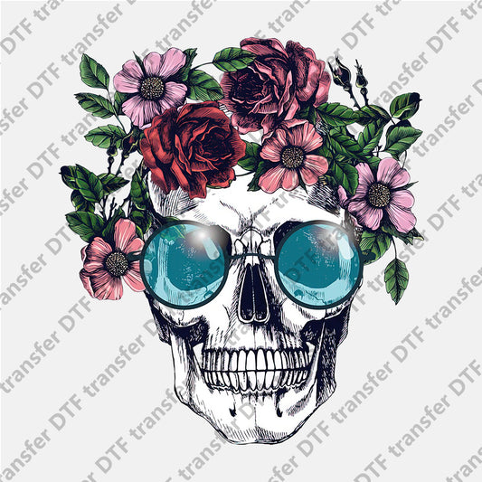 Blue Glasses Skull Floral DTF transfers Skull.025