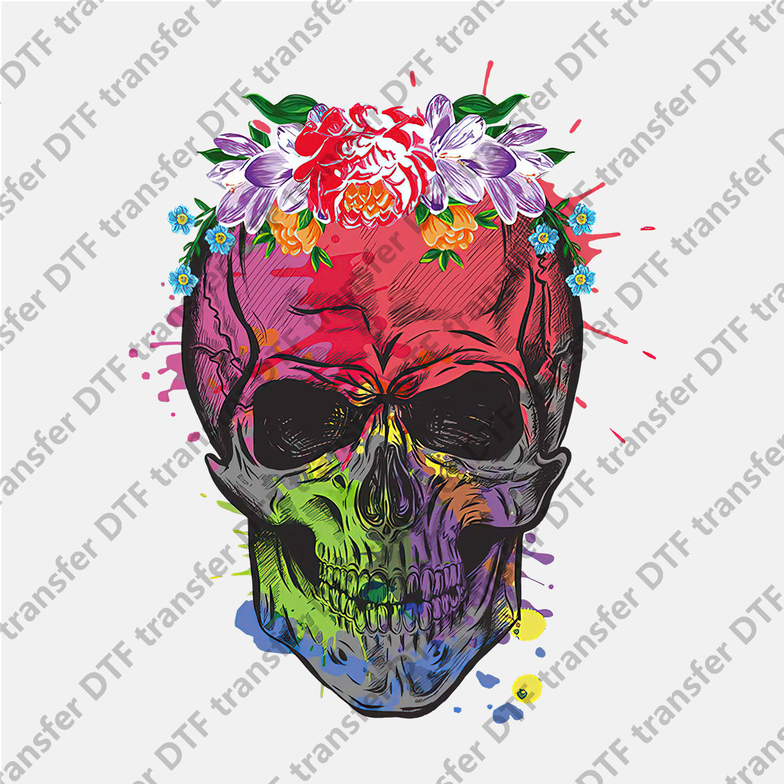 Colorful Skull Purple Red Flower DTF transfers Skull.028