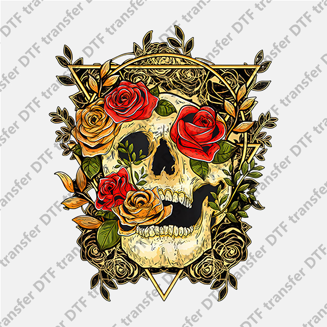 Triangle Skull Yellow Red Rose DTF transfers Skull.030