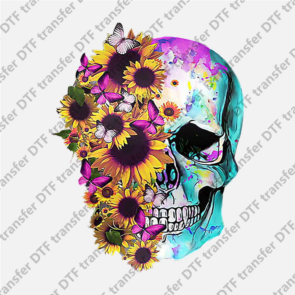 Sunflower Butterfly Colored Skull DTF transfers Skull.038