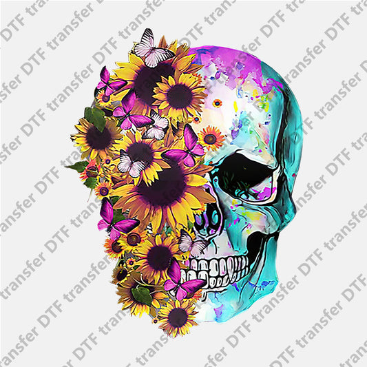 Sunflower Butterfly Colored Skull DTF transfers Skull.038