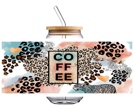 COFFEE with pink leopard 16 OZ Glass Cup UV DTF Wraps UV-185